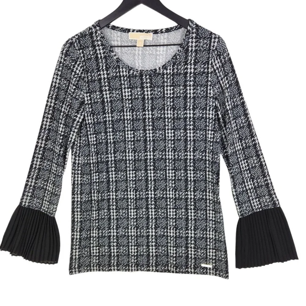 Michael Kors Blouse Tunic‎ Women's Size Medium Black Houndstooth Pleated Cuffs